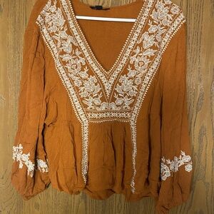 American Eagle Outfitters Terracotta Blouse with White Embroidery